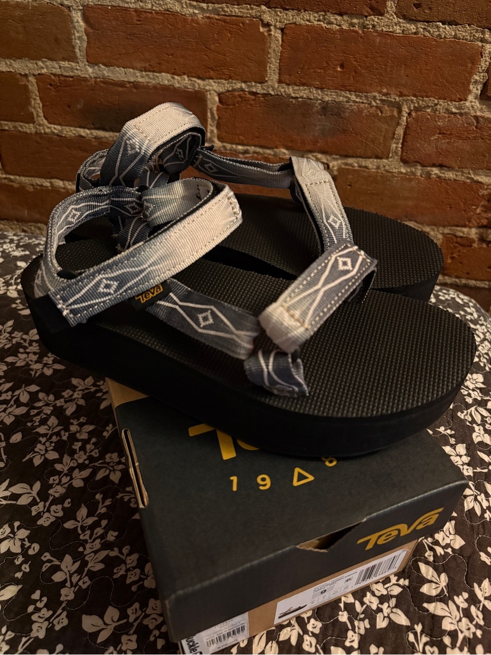Teva Women's Black Flatform Sandals with Gray Patterned Straps